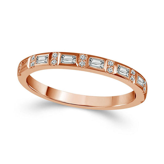 0.17 CT. T.W. Baguette and Round Natural Diamond Alternating Stackable Band in Solid 10K Rose Gold