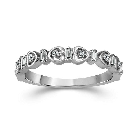 0.17 CT. T.W. Baguette and Round Natural Diamond Alternating Heart Stackable Band in Solid 10K White Gold