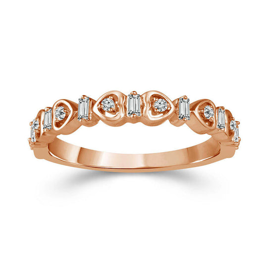 0.17 CT. T.W. Baguette and Round Natural Diamond Alternating Heart Stackable Band in Solid 10K Rose Gold