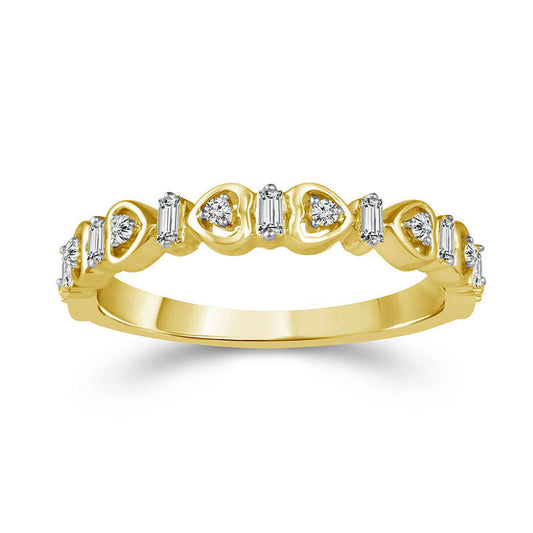 0.17 CT. T.W. Baguette and Round Natural Diamond Alternating Heart Stackable Band in Solid 10K Yellow Gold