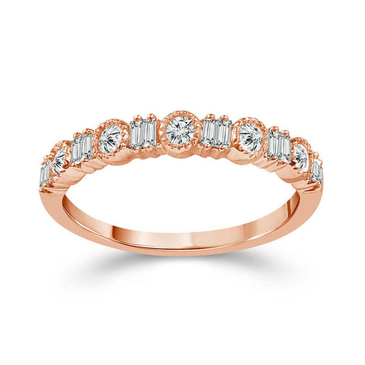 0.25 CT. T.W. Baguette and Round Natural Diamond Alternating Antique Vintage-Style Stackable Band in Solid 10K Rose Gold