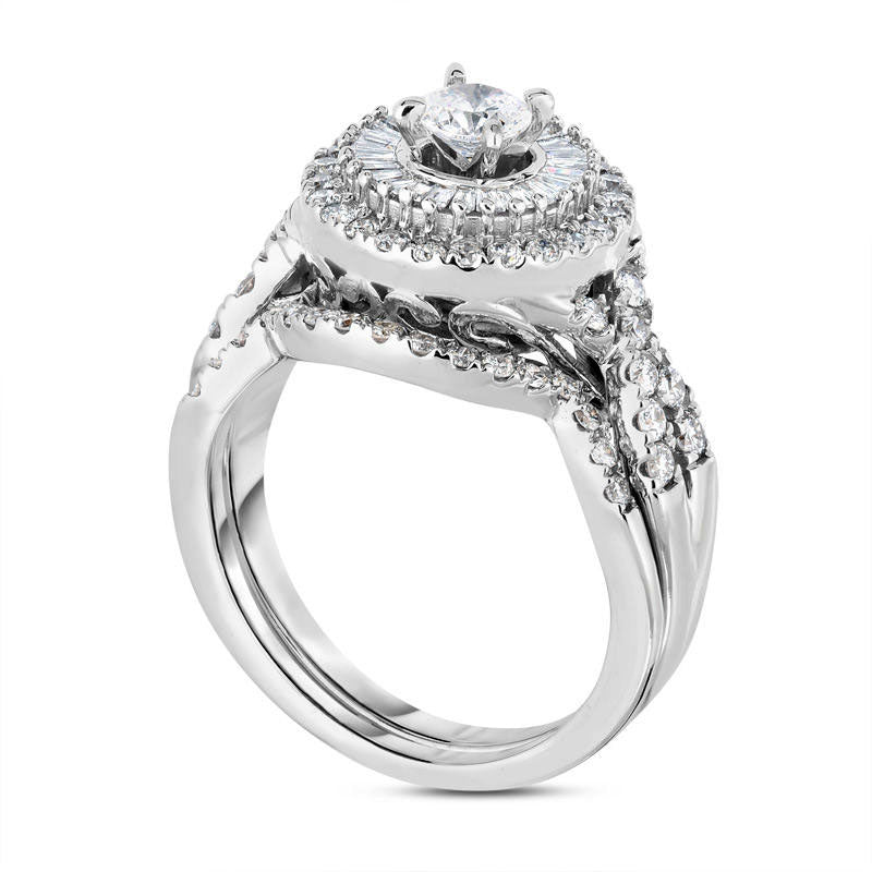 1.25 CT. T.W. Natural Diamond Double Frame Twist Bridal Engagement Ring Set in Solid 14K White Gold