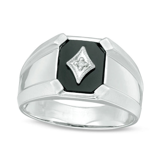 Men's Octagon Onyx and Natural Diamond Accent Antique Vintage-Style Signet Ring in Solid 10K White Gold