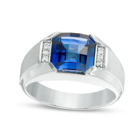 Men's 9.0mm Cushion-Cut Lab-Created Blue Sapphire and 0.05 CT. T.W. Diamond Signet Ring in Sterling Silver