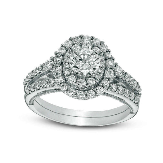 1.25 CT. T.W. Natural Diamond Double Oval Frame Antique Vintage-Style Bridal Engagement Ring Set in Solid 14K White Gold