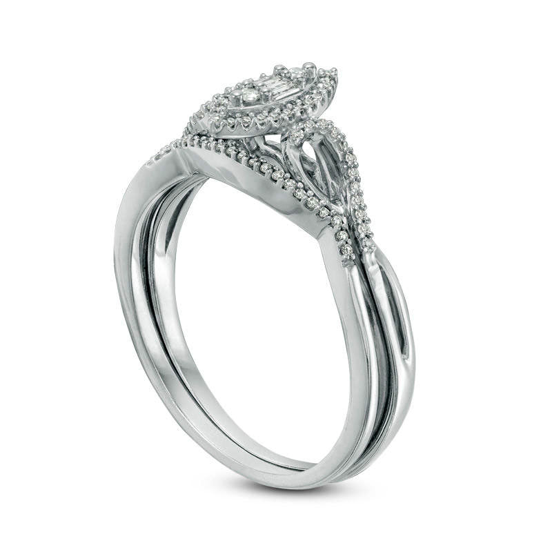 0.13 CT. T.W. Composite Natural Diamond Marquise Frame Twist Bridal Engagement Ring Set in Sterling Silver