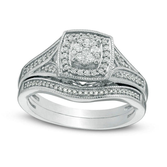 0.33 CT. T.W. Composite Natural Diamond Cushion Frame Antique Vintage-Style Bridal Engagement Ring Set in Sterling Silver