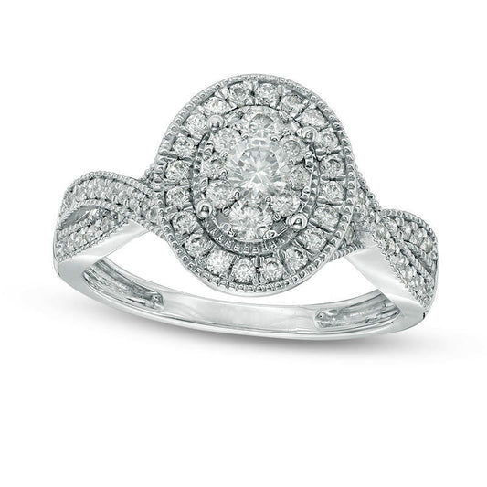 0.75 CT. T.W. Natural Diamond Oval Frame Twist Antique Vintage-Style Bridal Engagement Ring Set in Solid 14K White Gold