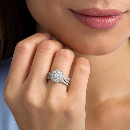 0.75 CT. T.W. Natural Diamond Oval Frame Twist Antique Vintage-Style Bridal Engagement Ring Set in Solid 14K White Gold