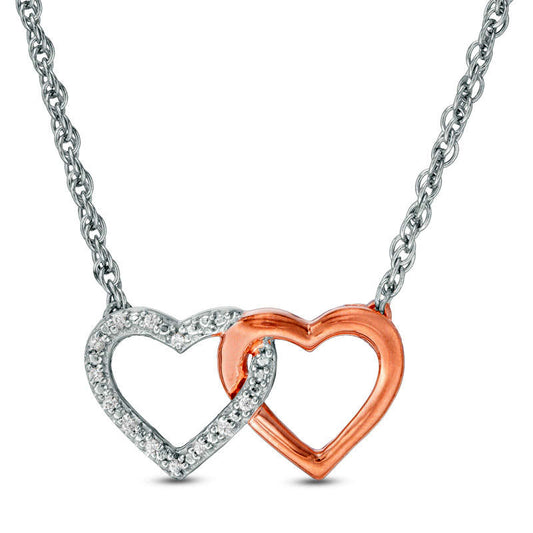 Natural Diamond Accent Interlocking Hearts Necklace in Sterling Silver and 10K Rose Gold - 17.5"