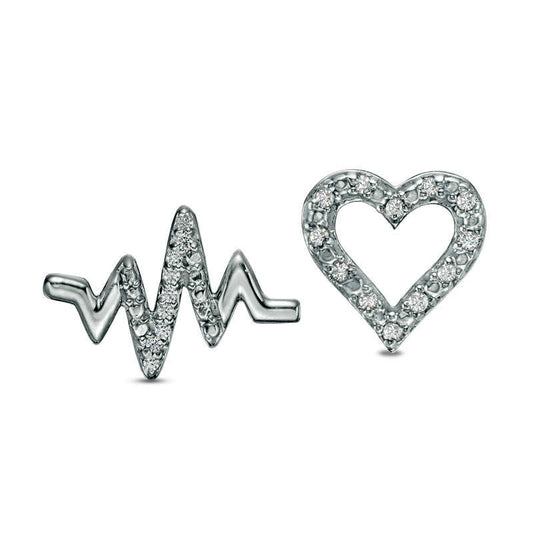 0.05 CT. T.W. Diamond Heart and Heartbeat Mismatch Stud Earrings in Sterling Silver