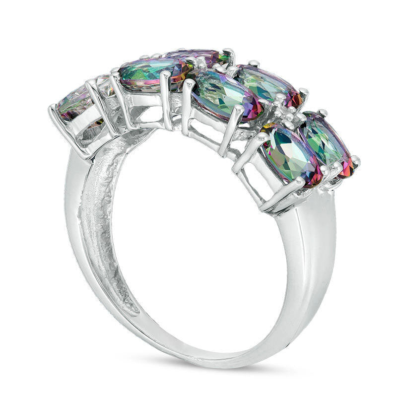 Sideways Oval Mystic Fire® Topaz and Natural Diamond Accent Double Row Ring in Sterling Silver