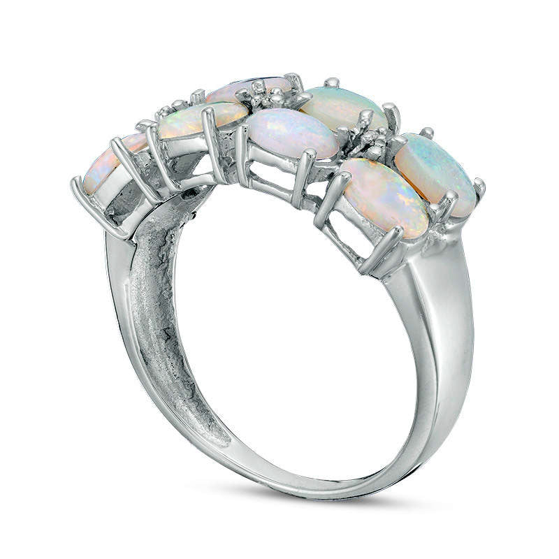Sideways Oval Lab-Created Opal and Diamond Accent Double Row Ring in Sterling Silver