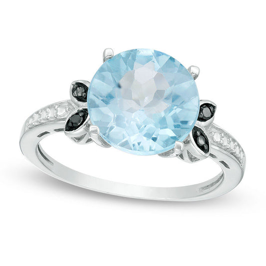 10.0mm Sky Blue Topaz and Enhanced Black Natural Diamond Accent Leaf Beaded Shank Ring in Sterling Silver