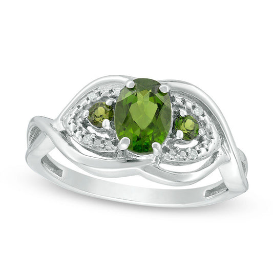 Oval Chrome Diopside and Natural Diamond Accent Leaf Twist Shank Ring in Sterling Silver