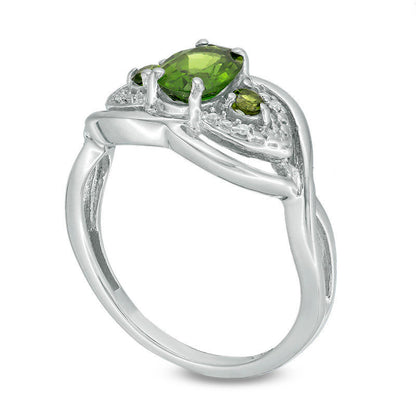 Oval Chrome Diopside and Natural Diamond Accent Leaf Twist Shank Ring in Sterling Silver