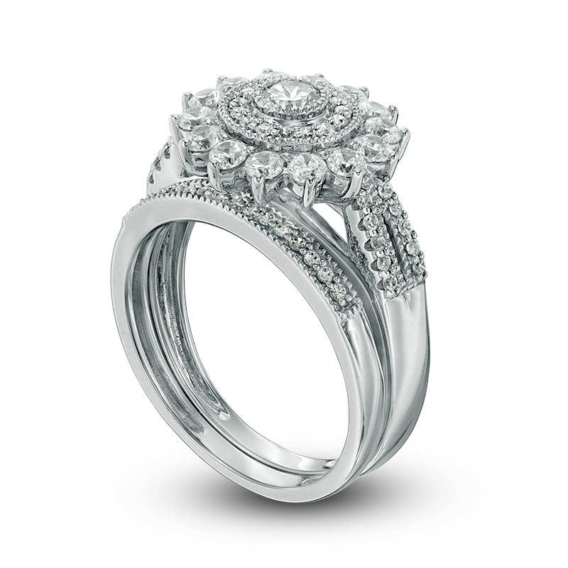 1.0 CT. T.W. Natural Diamond Double Frame Antique Vintage-Style Bridal Engagement Ring Set in Solid 14K White Gold