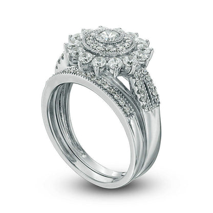 1.0 CT. T.W. Natural Diamond Double Frame Antique Vintage-Style Bridal Engagement Ring Set in Solid 14K White Gold