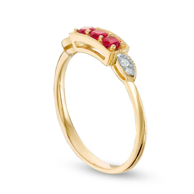 Lab-Created Ruby and Diamond Accent Antique Vintage-Style Three Stone Ring in Solid 10K Yellow Gold