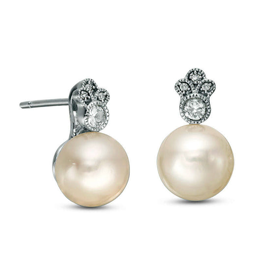 8.0 - 8.5mm Cultured Freshwater Pearl, White Sapphire and Diamond Accent Vintage-Style Drop Earrings in 10K White Gold