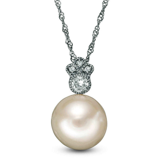 10.0 - 10.5mm Cultured Freshwater Pearl, White Sapphire and Natural Diamond Accent Antique Vintage-Style Pendant in 10K White Gold - 17"