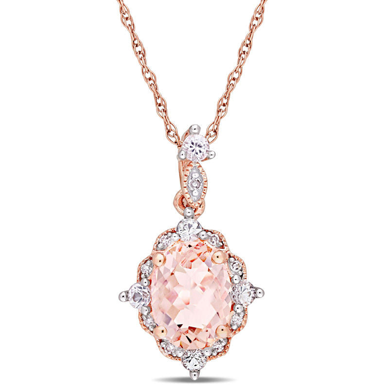 Oval Morganite, White Sapphire and Natural Diamond Accent Antique Vintage-Style Drop Pendant in 10K Rose Gold - 17"