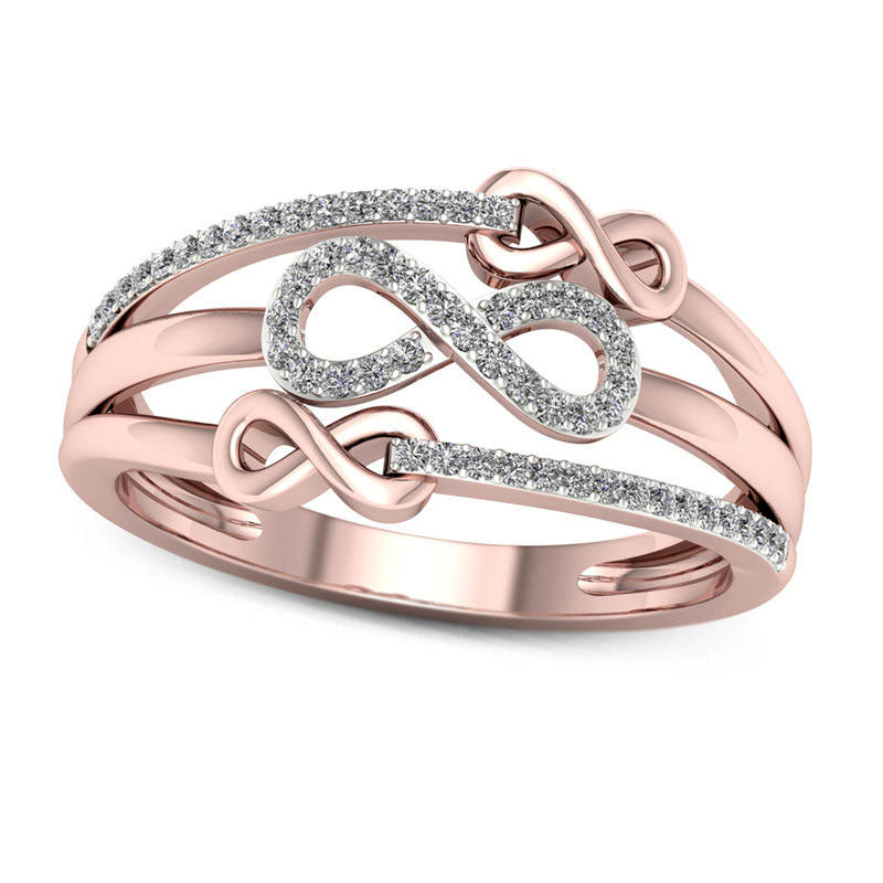 0.17 CT. T.W. Natural Diamond Triple Infinity Multi-Row Ring in Solid 10K Rose Gold