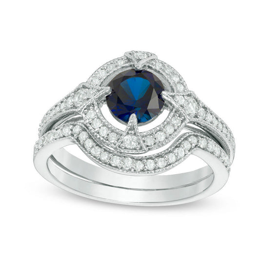 6.0mm Lab-Created Blue and White Sapphire with 0.33 CT. T.W. Diamond Frame Antique Vintage-Style Bridal Engagement Ring Set in Sterling Silver