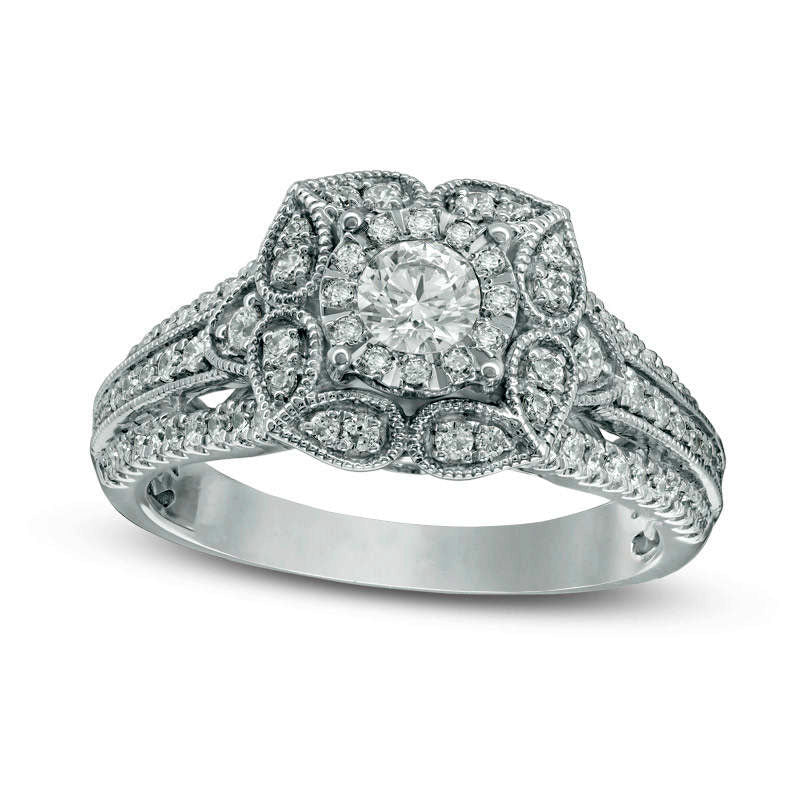 0.75 CT. T.W. Natural Diamond Cushion Leaf Frame Antique Vintage-Style Engagement Ring in Solid 14K White Gold - Size 7