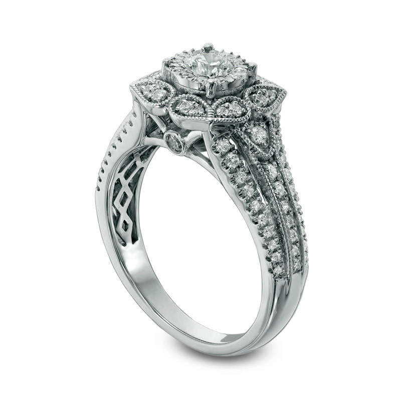 0.75 CT. T.W. Natural Diamond Cushion Leaf Frame Antique Vintage-Style Engagement Ring in Solid 14K White Gold - Size 7