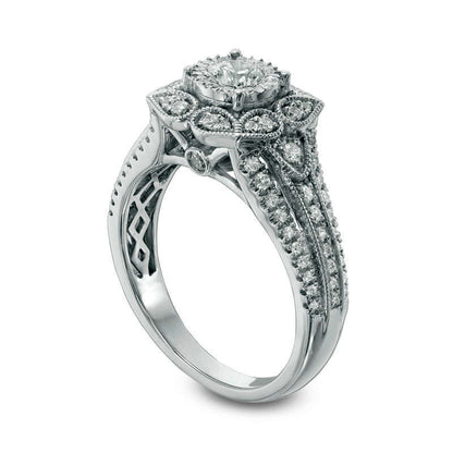 0.75 CT. T.W. Natural Diamond Cushion Leaf Frame Antique Vintage-Style Engagement Ring in Solid 14K White Gold - Size 7