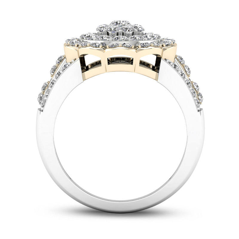 1.0 CT. T.W. Natural Diamond Frame Flower Ring in Solid 10K Two-Tone Gold