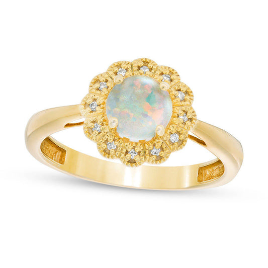 6.0mm Lab-Created Opal and 0.05 CT. T.W. Diamond Antique Vintage-Style Flower Ring in Sterling Silver with Solid 18K Gold Plate