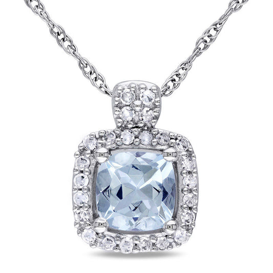 5.0mm Cushion-Cut Aquamarine and 0.1 CT. T.W. Natural Diamond Frame Pendant in 10K White Gold - 17"