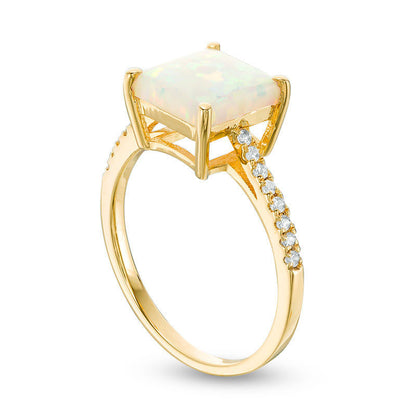 8.0mm Princess-Cut Lab-Created Opal and White Sapphire Ring in Sterling Silver with Solid 14K Gold Plate