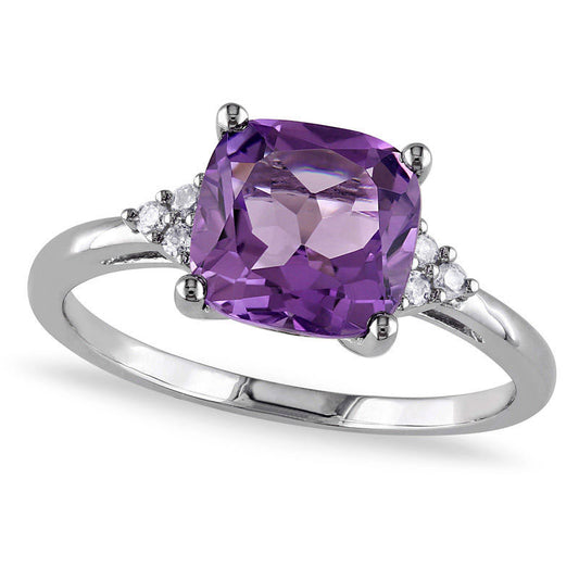 8.0mm Cushion-Cut Amethyst and 0.05 CT. T.W. Natural Diamond Tri-Sides Ring in Solid 10K White Gold