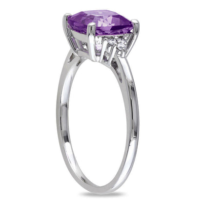 8.0mm Cushion-Cut Amethyst and 0.05 CT. T.W. Natural Diamond Tri-Sides Ring in Solid 10K White Gold