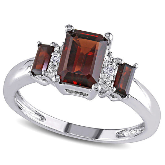 Emerald-Cut Garnet and Natural Diamond Accent Three Stone Ring in Solid 10K White Gold