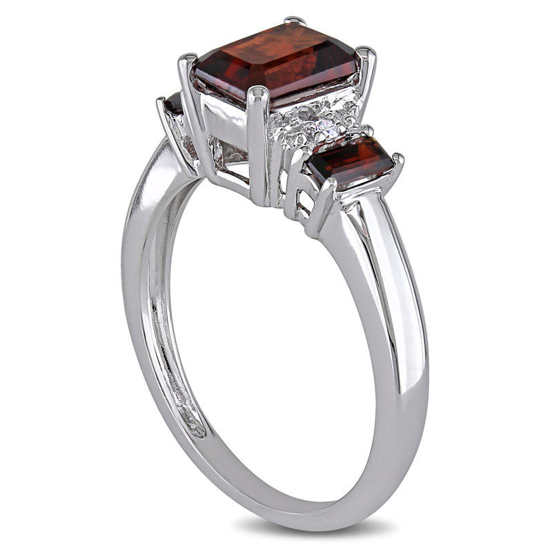 Emerald-Cut Garnet and Natural Diamond Accent Three Stone Ring in Solid 10K White Gold