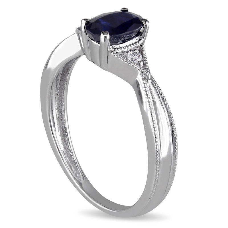 Oval Blue Sapphire and Natural Diamond Accent Triangle Sides Antique Vintage-Style Ring in Solid 10K White Gold
