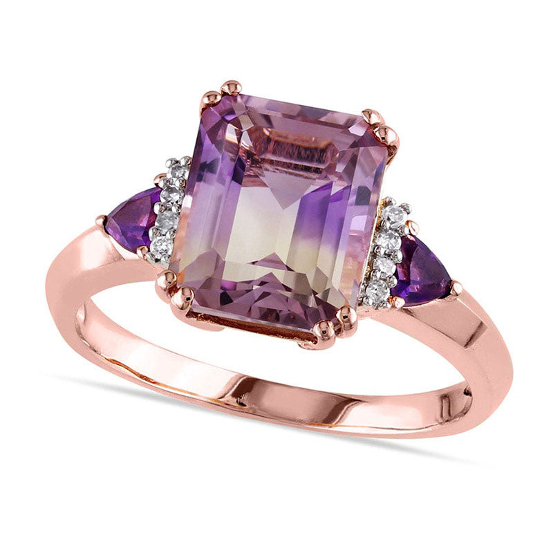Emerald-Cut Ametrine, Trillion-Cut Amethyst and 0.05 CT. T.W. Natural Diamond Ring in Sterling Silver with Rose Rhodium