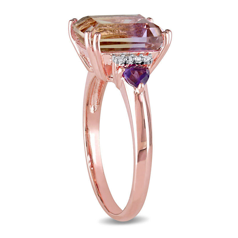 Emerald-Cut Ametrine, Trillion-Cut Amethyst and 0.05 CT. T.W. Natural Diamond Ring in Sterling Silver with Rose Rhodium