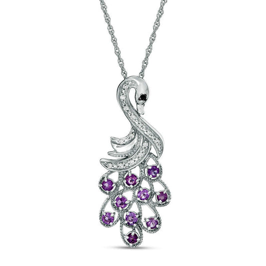 Amethyst, Lab-Created White Sapphire and Black Diamond Accent Peacock Pendant in Sterling Silver