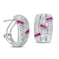Baguette Lab-Created Ruby and White Sapphire Triple Row Woven Swirl Ribbon J-Hoop Earrings in Sterling Silver