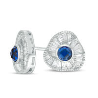 4.5mm Lab-Created Blue Sapphire and Baguette Lab-Created White Sapphire Swirl Frame Stud Earrings in Sterling Silver