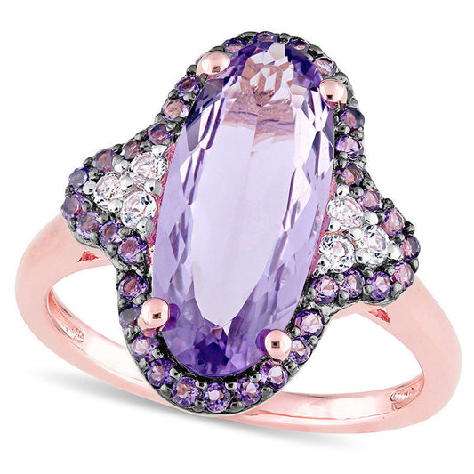 Elongated Oval Amethyst and White Topaz Frame Tri-Sides Ring in Sterling Silver with Rose Rhodium