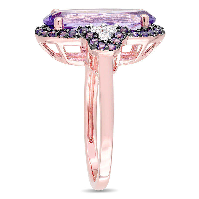 Elongated Oval Amethyst and White Topaz Frame Tri-Sides Ring in Sterling Silver with Rose Rhodium