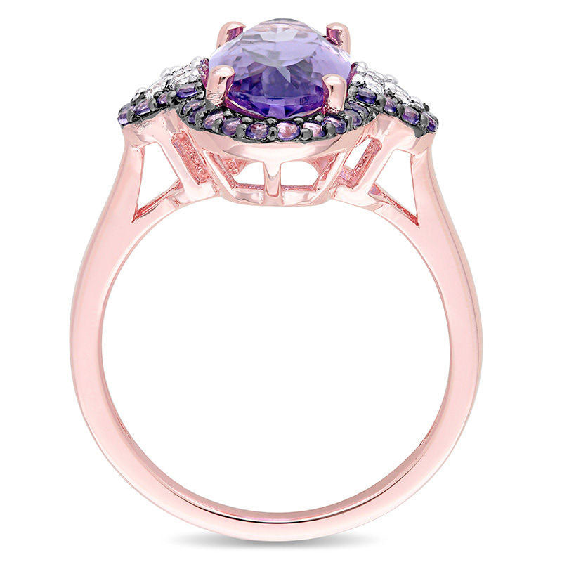 Elongated Oval Amethyst and White Topaz Frame Tri-Sides Ring in Sterling Silver with Rose Rhodium