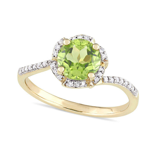 7.0mm Peridot and 0.10 CT. T.W. Natural Diamond Floral Frame Bypass Ring in Solid 14K Gold