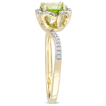 7.0mm Peridot and 0.10 CT. T.W. Natural Diamond Floral Frame Bypass Ring in Solid 14K Gold